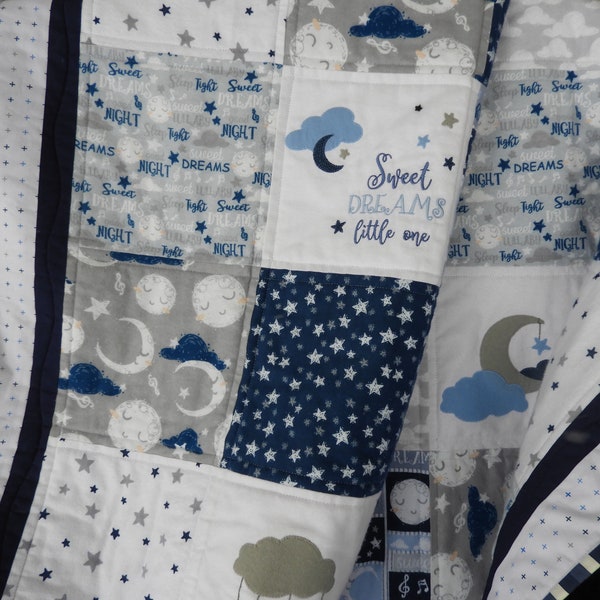 Moon baby quilt/Moon Stars quilt/To the moon baby quilt/Handmade baby quilt/Sweet dreams baby quilt/Blue baby quilt/Personalized baby quilt