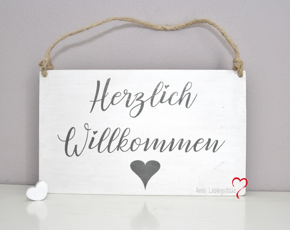 Holzschild herzlich Willkommen mit Herz weiß Etsy.de
