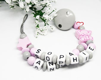 Cadena para chupete doble nombre personalizada elefante con estrella rosa