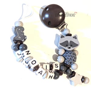 Cadena para chupete con doble nombre: mapache con dinosaurio imagen 3