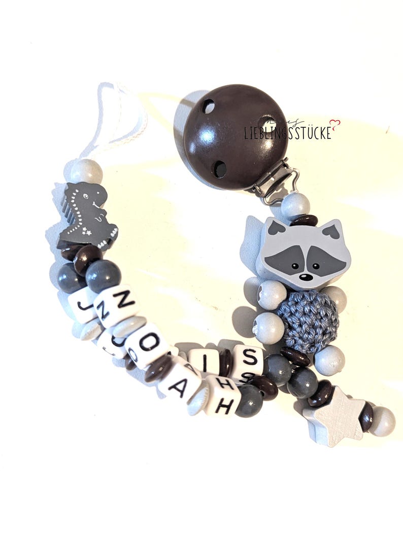 Cadena para chupete con doble nombre: mapache con dinosaurio imagen 3