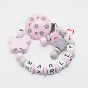Pacifier chain with name girl personalized flowers pink birth baptism baby gift baby shower