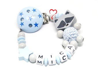 Pacifier chain with name boy personalized raccoon light blue light grey birth baptism baby gift baby party