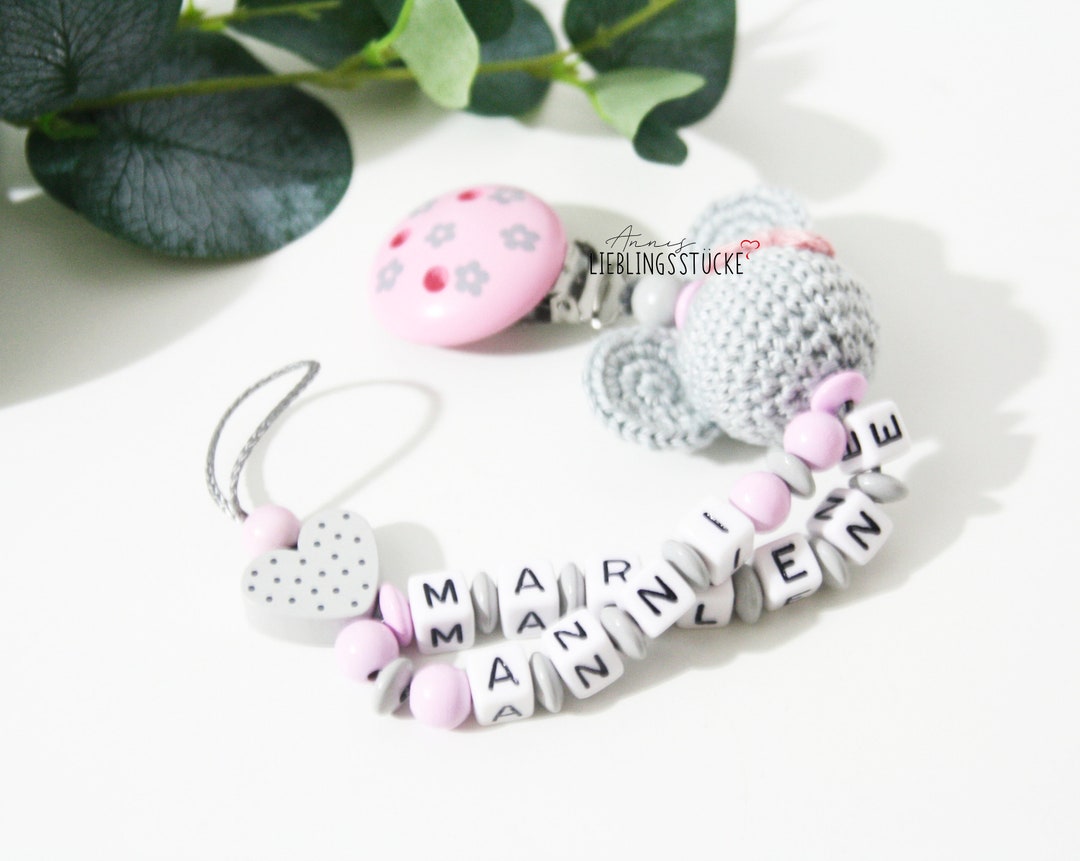 Unique Pacifier Chain Personalized Pacifier Chain With Double Name and Crocheted Mouse - Etsy