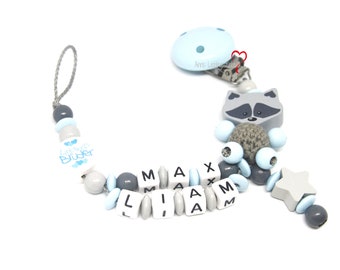 Pacifier chain double name personalized raccoon with favorite brother