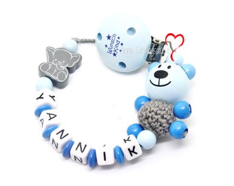 Schnullerkette mit Namen Junge personalisiert Bärchen hellblau grau Geburt Taufe Babygeschenk Babyparty