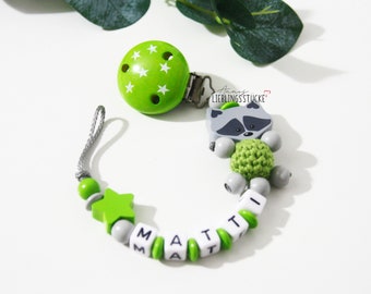 Pacifier chain with name boy personalized raccoon light gray green birth baptism baby gift baby shower