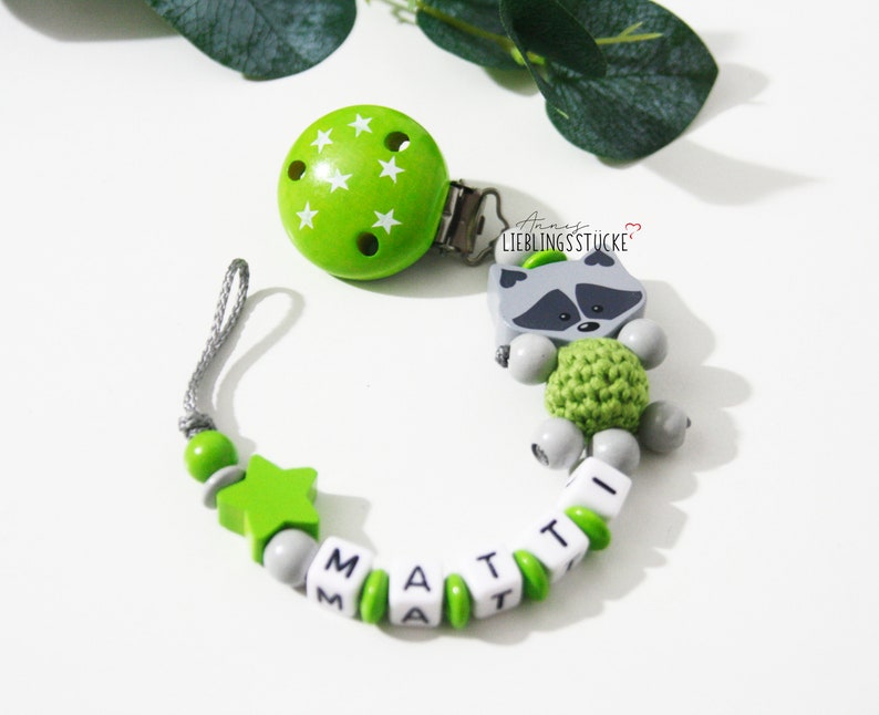 Pacifier chain with name boy personalized raccoon light gray green birth baptism baby gift baby shower image 1