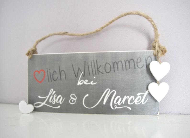Wooden sign Welcome with name grey