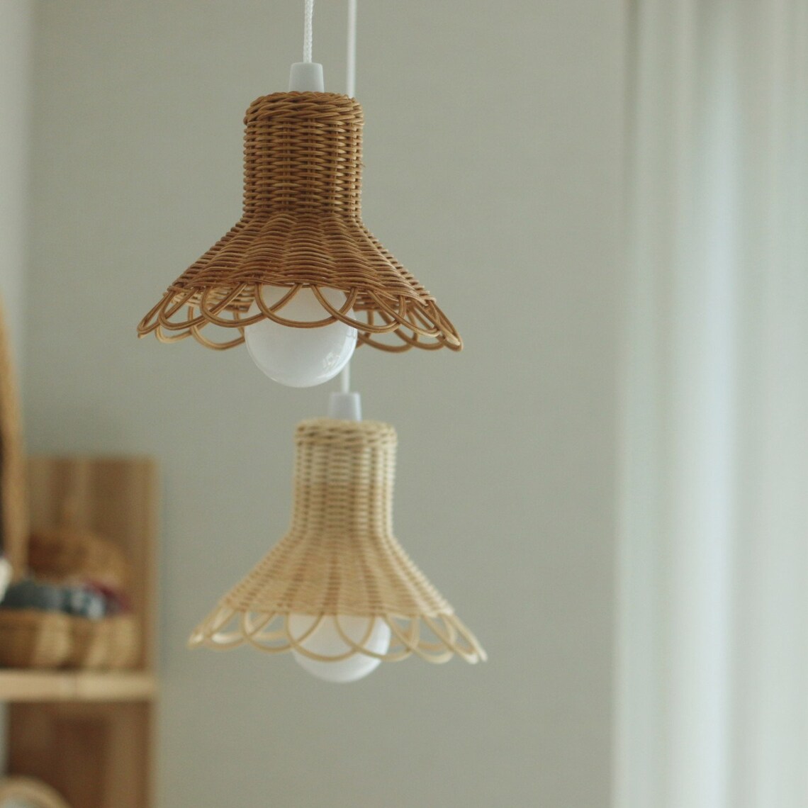 Rattan Pendant Light Shade with Battery Operated Pull Cord LED Etsy