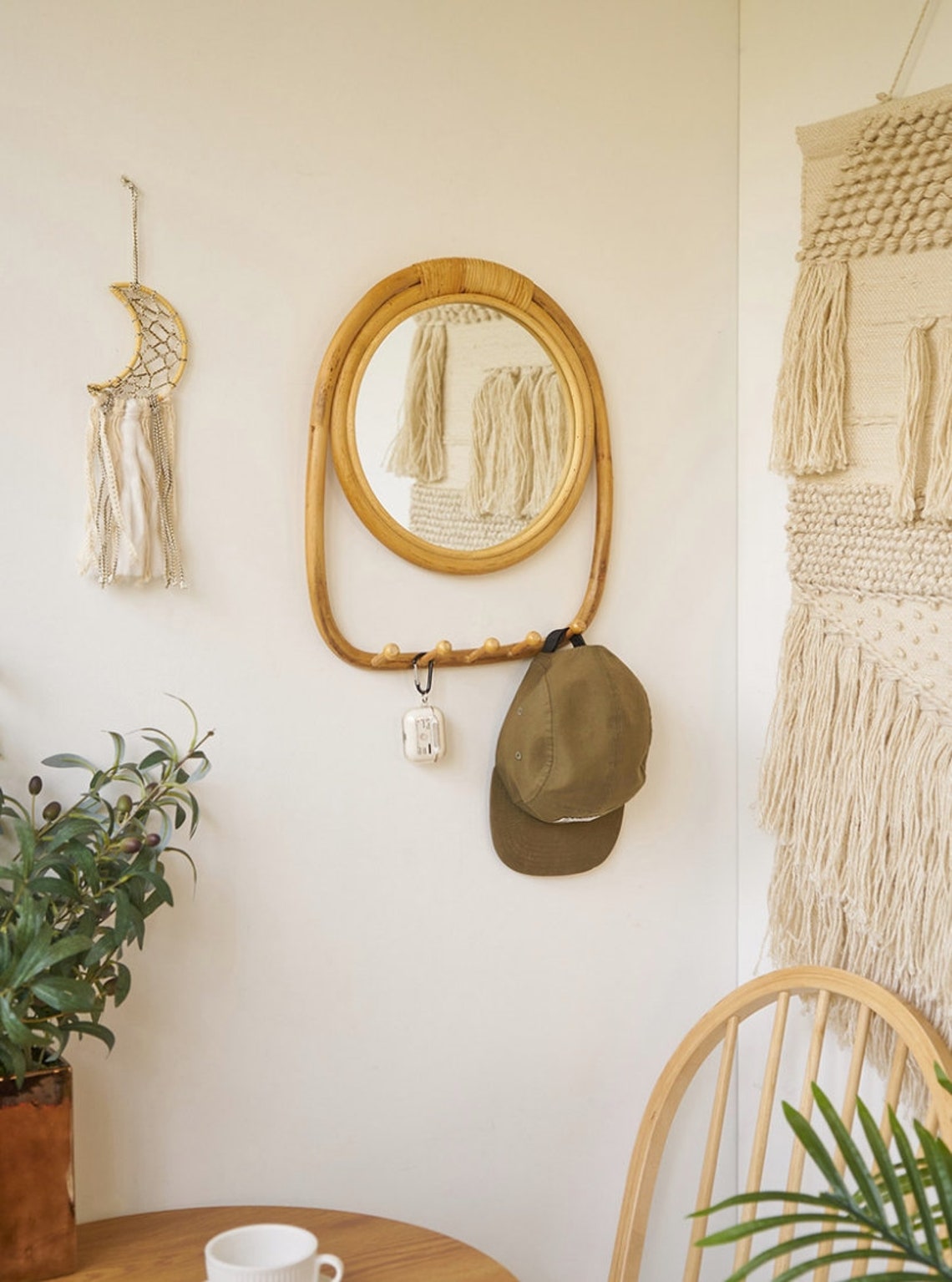 Round Rattan Wicker Wall Mirror with Hook Decorative Boho Etsy