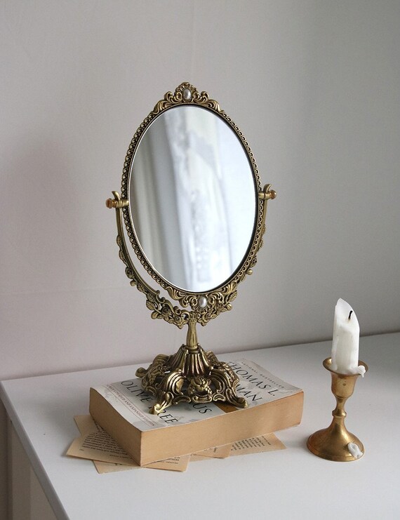 French Antique Brass Vanity Swivel Mirror on Stand Etsy