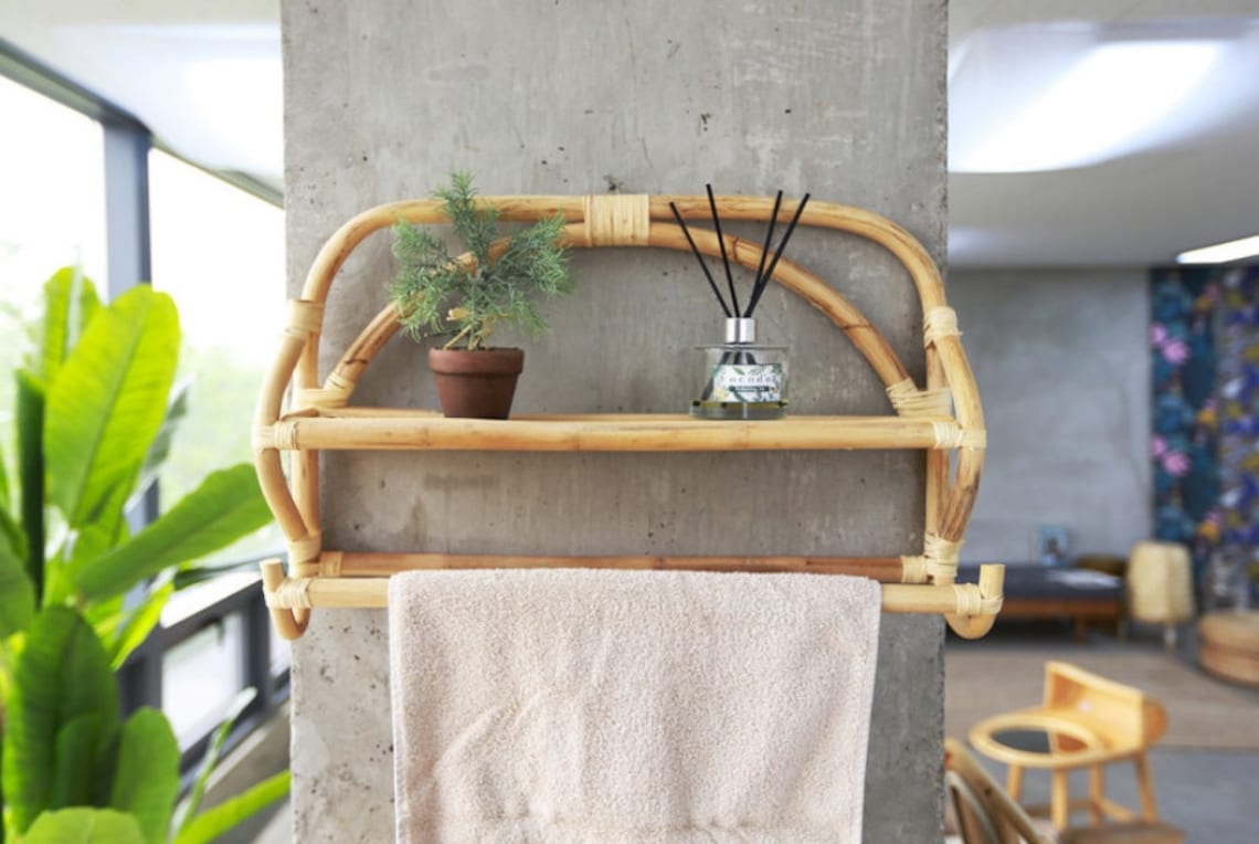 Rattan Wicker Hanging Bathroom Wall Shelf with Towel Bar Etsy