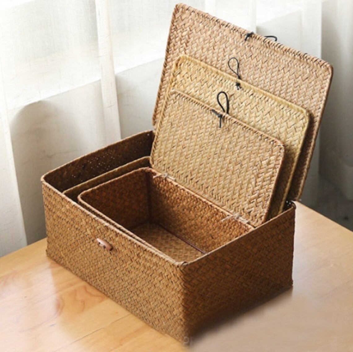 Rectangular Rattan Basket with Lids Set of 3 Etsy