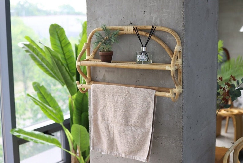 Rattan Wicker Hanging Bathroom Wall Shelf with Towel Bar Etsy
