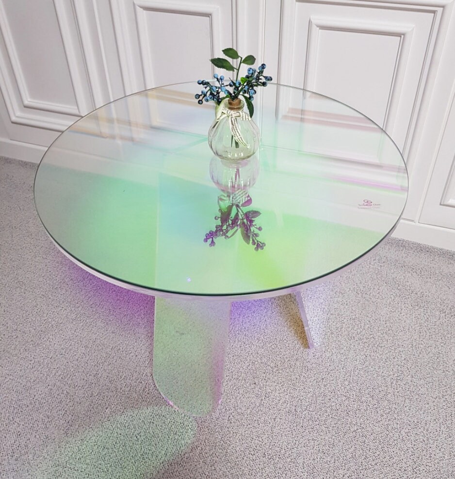 Round Glass Top Iridescent Acrylic Side Table Etsy