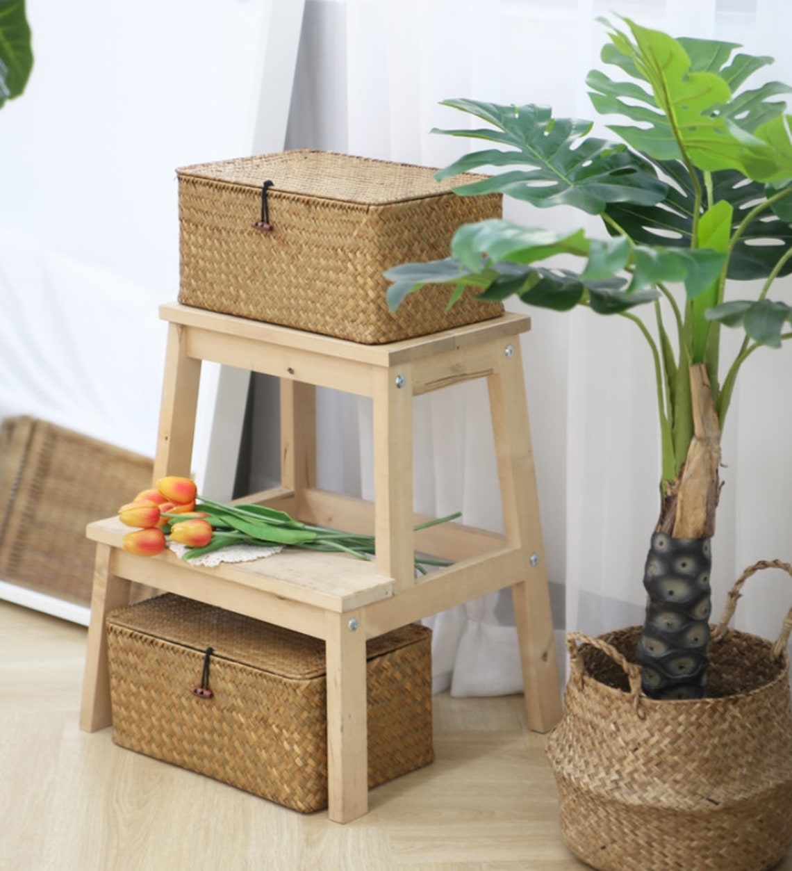 Rectangular Rattan Basket with Lids Set of 3 Etsy