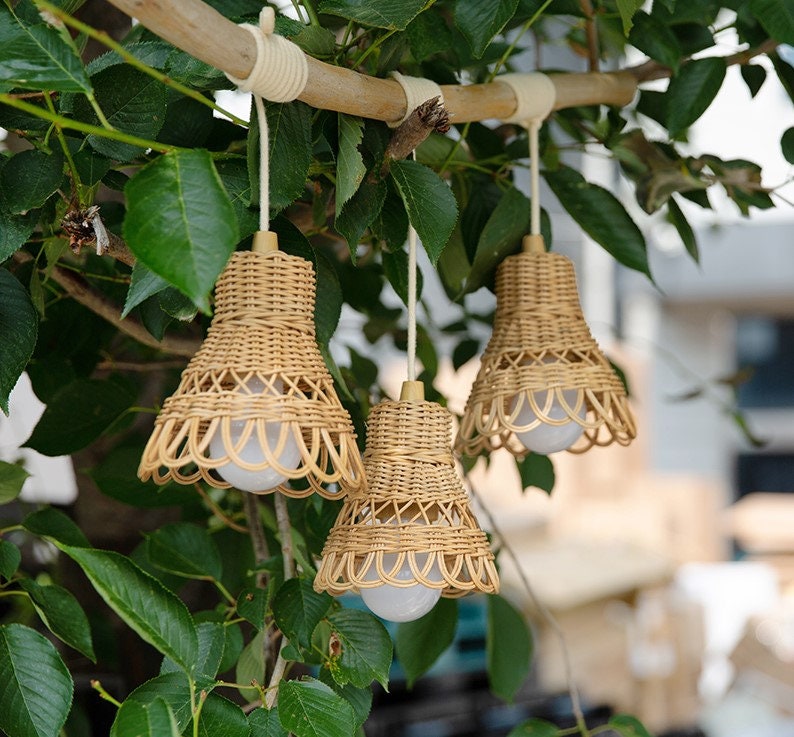 Small Rattan Pendant Light Shade With Battery Operated Pull Etsy UK