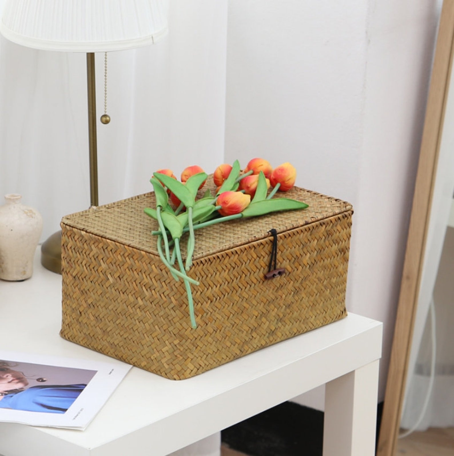 Rectangular Rattan Basket with Lids Set of 3 Etsy