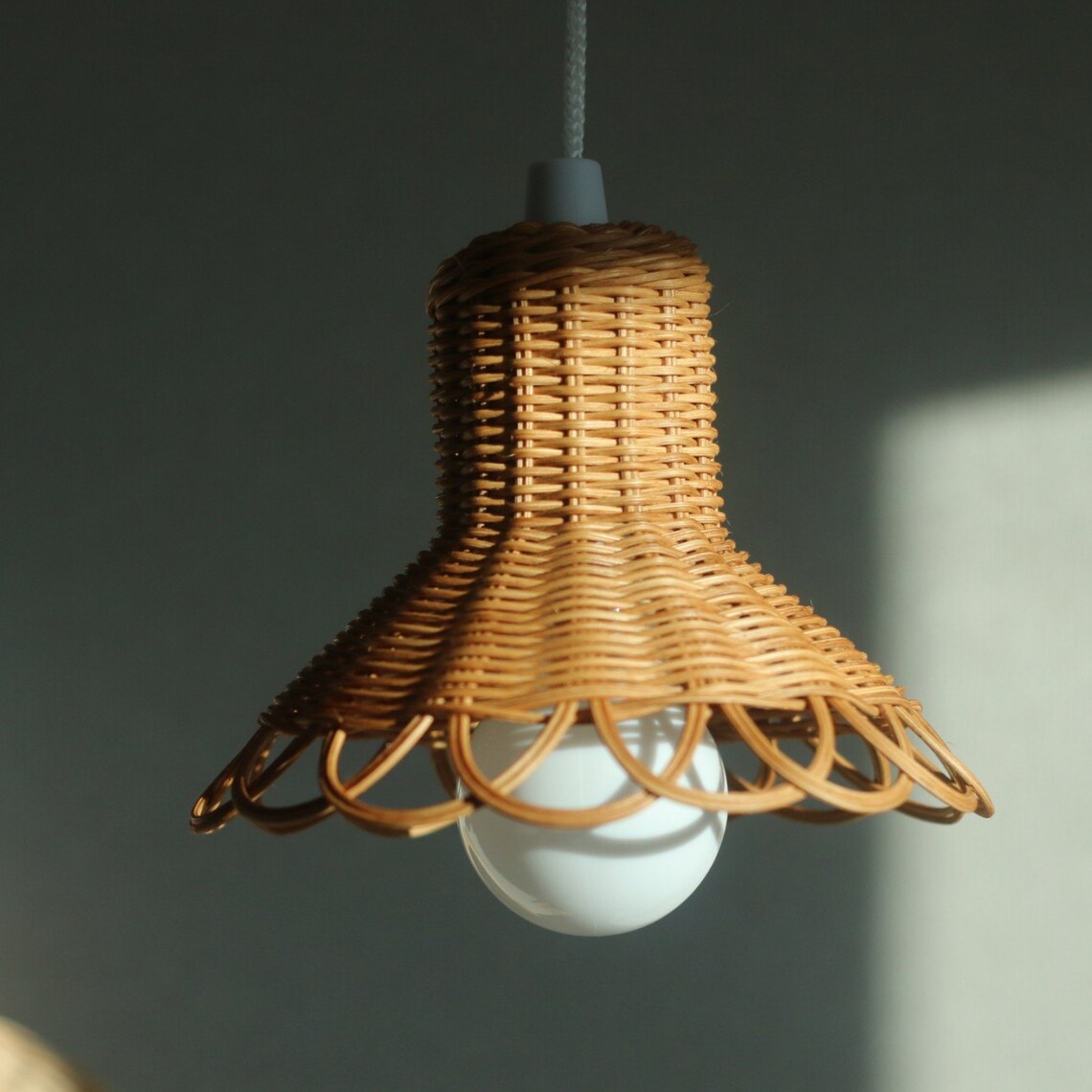 Rattan Pendant Light Shade with Battery Operated Pull Cord LED Etsy