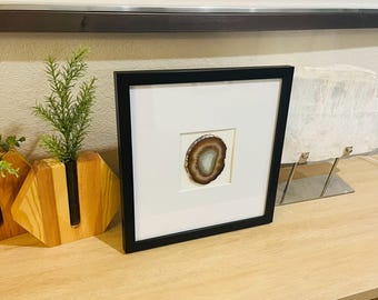 Black Framed Agate Slice With White Mat  Wall Art: Natural Geode Stone Decor 14x14