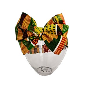 Kente pre tied head wrap, juneteenth girls hair bow, african print headwear, ethnic head wrap for baby and girls, satin lined