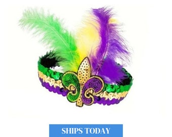 Mardi Gras headband sequin with feather, purple green gold carnival headpiece