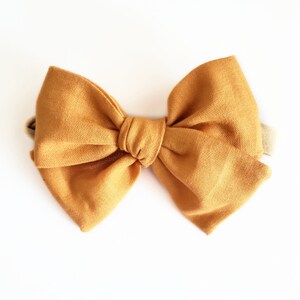 Mustard yellow hair bow, hand-tied linen bow, Christmas gifts for girls, newborn baby nylon headband bow