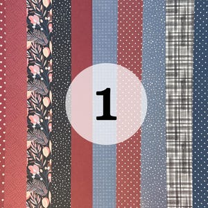 May include: A collection of 10 different patterned fabric strips in various shades of red, blue, and black. The strips are arranged vertically and feature patterns such as polka dots, plaid, floral, and geometric designs.