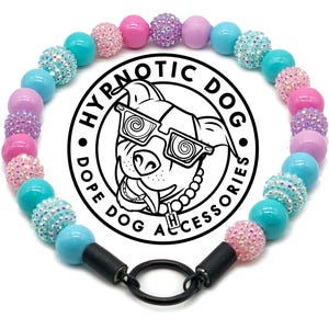 Unicorn Glam Durable Slip On Bead Collar, glitter beaded dog pearls, blue purple and pink glam collar, bright large dog pearl necklace