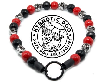 Red & Black Skull durable bead Dog Collar, custom, unique boy dog collar, gray skull silver beads slip on  necklace