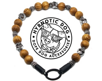 Boneyard WOODEN durable Dog Collar, custom, unique boy dog collar, gray skull silver beads slip on  necklace