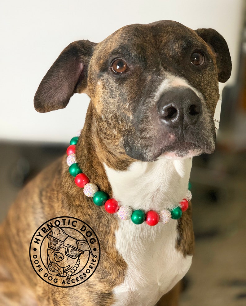 beaded bright large slip on collar dog pearl necklace Holly Jolly Christmas WOODEN metallic glitter bead collar dog pearls