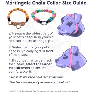 May include: An informational graphic titled Slip-On (O-Ring) & Martingale Chain Collar Size Guide. It displays two beaded collars, one with orange tones and a metal chain, the other with multi-colored beads and an iridescent O-ring, plus dog head illustrations.