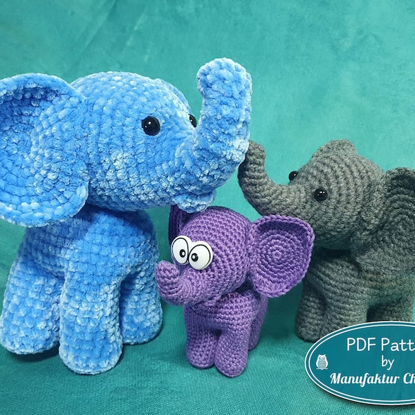 Elefant Amigurumi, DIY Anleitung , Elefant in 3 Größen, deutsche PDF Anleitung, 3 verschiedene Materialien, Häkeln, Häkelanleitung