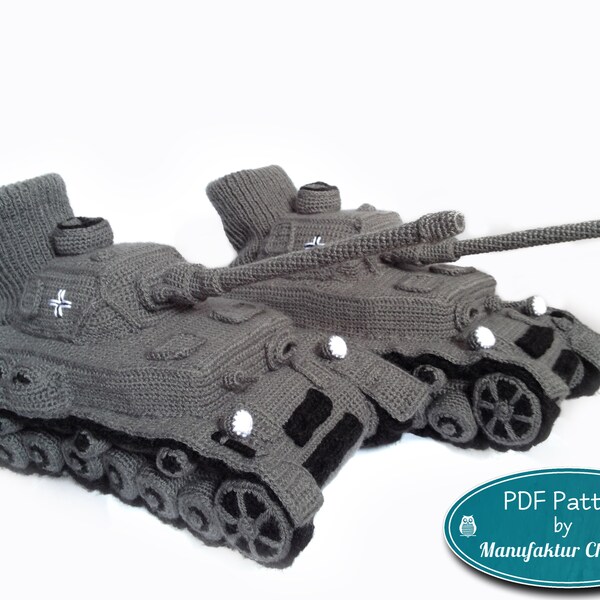 Panzer Hausschuhe Häkelanleitung deutsch, ausführlich DIY, detailliert, Pz Kpfw IV, versch. Größen, Panzer Pantoffeln, Geschenke für Ihn