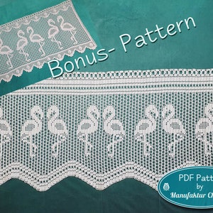 Flamingo curtain, PDF crochet pattern in German, filet crochet with repeat, counted cross-stitch pattern for DIY flamingos, plus bonus