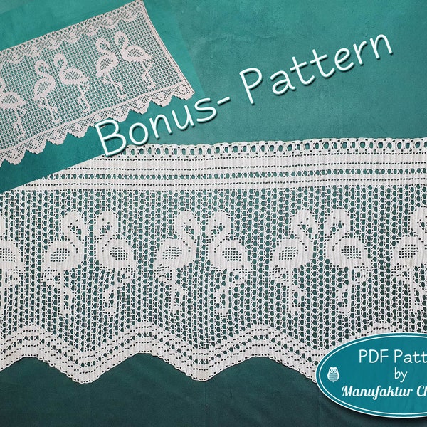 Curtain Flamingos, PDF crochet pattern in German, fillet pattern with repeat, counted pattern Flamingos DIY, plus bonus