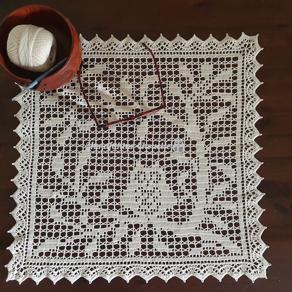 Doily with owl, owl collection, DIY instructions with counted pattern for filet crochet, instant download,