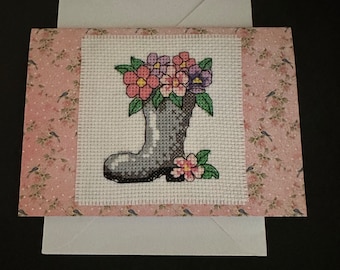 Flowers in a wellie cross stitch card