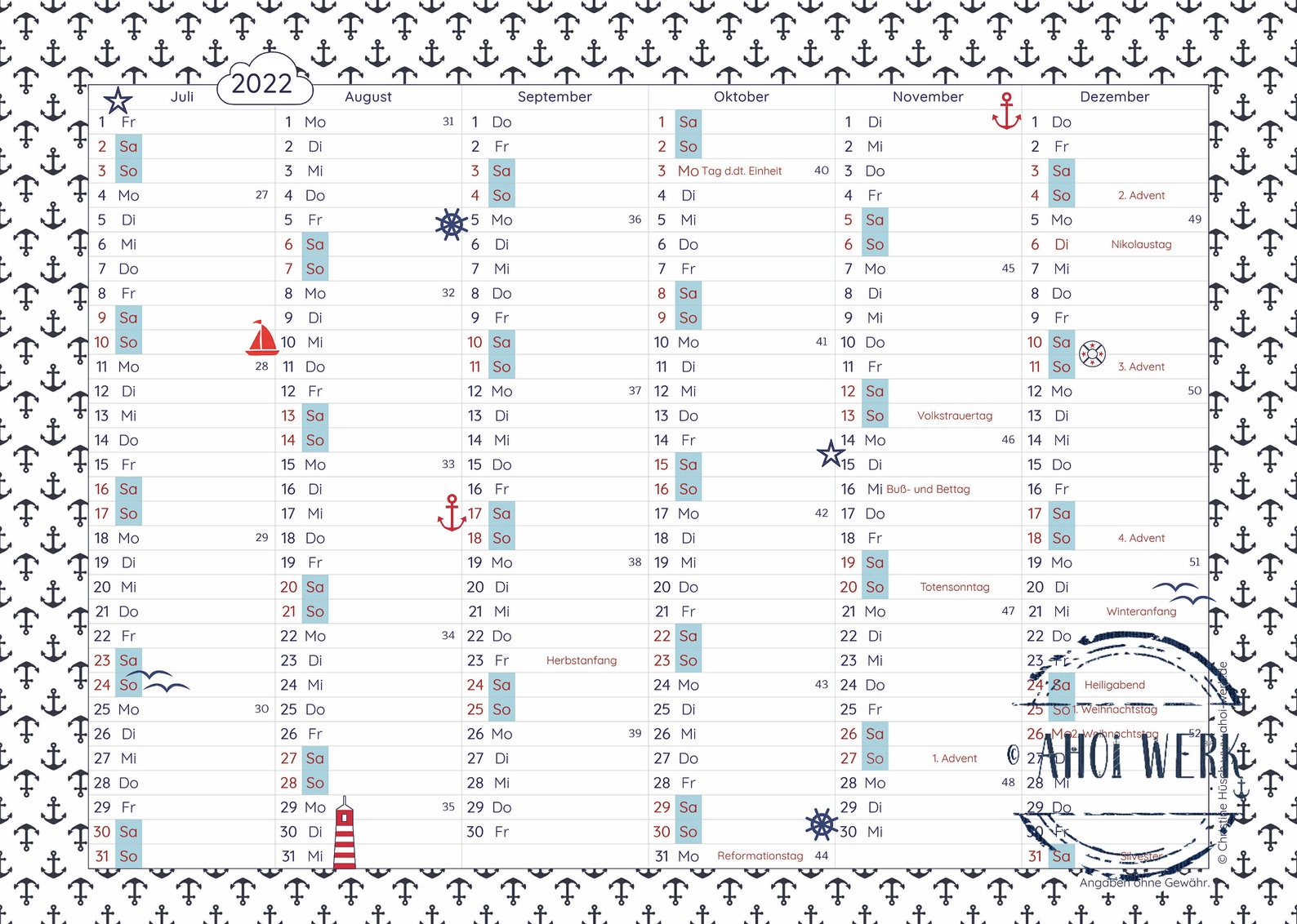 Maritime Calendar 2022 A4 double-sided Anchor | Etsy