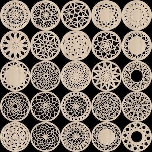 May include: Set of 25 laser cut wood circles with intricate geometric designs. The circles are all different, but they have a similar style. They are perfect for crafting projects, home decor, or as unique gifts.
