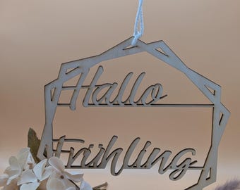 Türkranz aus Holz - Hallo Frühling - Sechseckig Doppelt - Nachhaltiges Türschild zum Verzieren und verschenken Türkranz aus Holz Fruehling