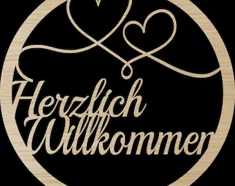 Laserdatei Herzlich Willkommen Herzen Türschild SVG DXF PDF Türkranz Schnittdatei Plotterdatei Laser Cut Digital Download Laser Deutsch