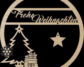 Laserdatei Frohe Weihnachten mit Baum Häuser Weihnachtsdekoration Türkranz SVG DXF PDF Schnittdatei Laser Cut Digital Download Laser Deutsch