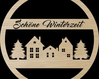Laserdatei Schöne Winterzeit Häuser Türschild Weihnachtsdekoration SVG DXF PDF Türkranz Schnittdatei Laser Cut Digital Download Deutsch
