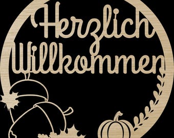 Laserfil Välkommen höstdörrskylt SVG DXF PDF krans skärfil plotterfil laserskärning digital nedladdning laser tysk