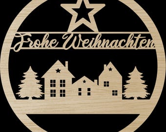 Laserdatei Frohe Weihnachten Häuser & Sterne Türschild SVG DXF PDF Türkranz Schnittdatei Plotterdatei Laser Cut Digital Download Laser