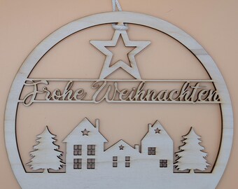 Türkranz aus Holz - Frohe Weihnachten Häuser Nachhaltiges Türschild zum Verzieren und verschenken in der Weihnachtszeit - Weihnachtsgeschenk