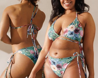 SAGE - Damen Bikini Set zum Schnüren mit watercolor Blumen - salbei, grün, rosa, blau - auch super als Geschenk - 11 Größen